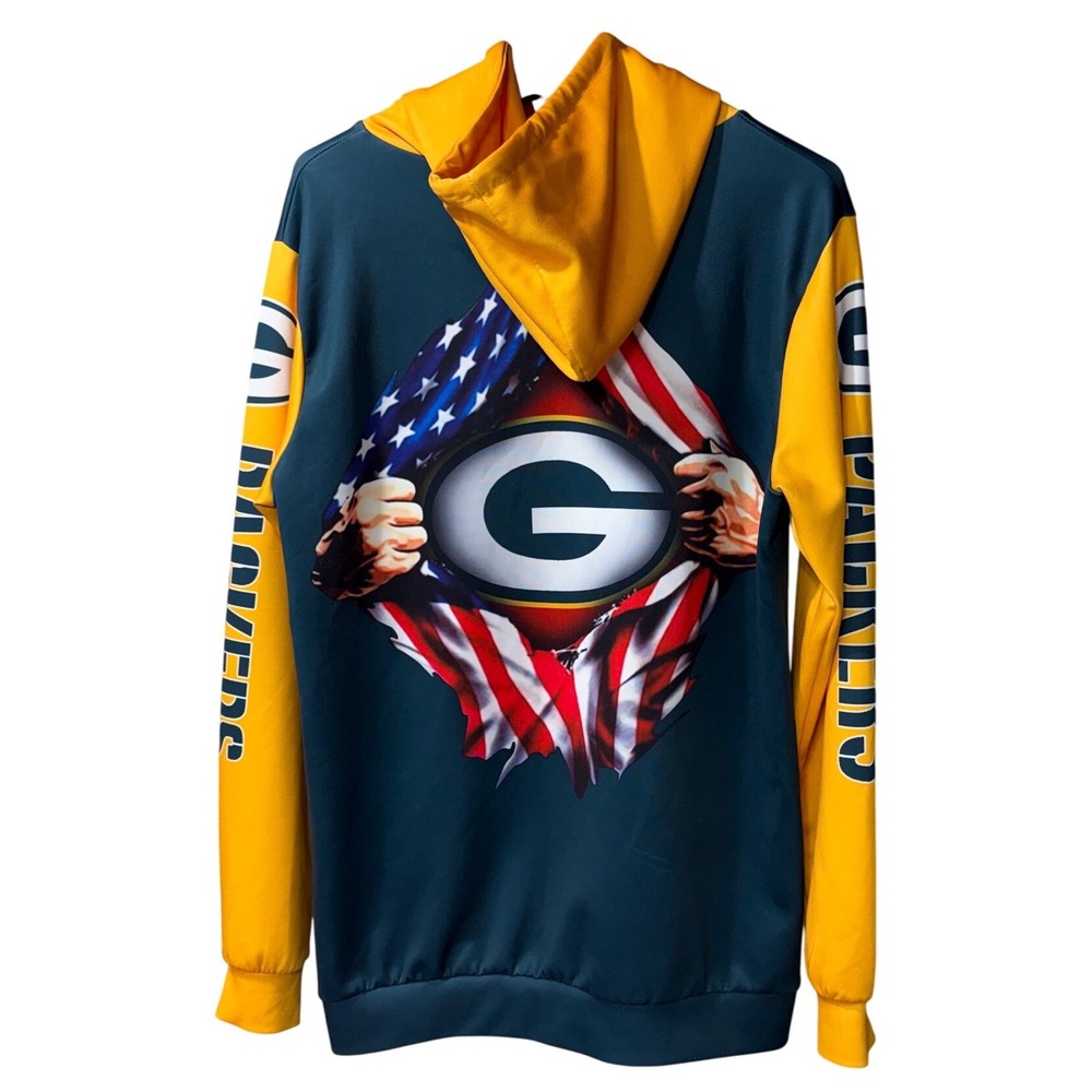 Patriotic Green Bay Packer USA Flag Graphic Hoodie Pullover L/XL Unisex Football - Picture 3 of 7